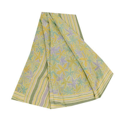 Sanskriti Vintage Sarees Olive Green Pure Crepe Printed Sari 5+yd Craft Sustainable Fabric