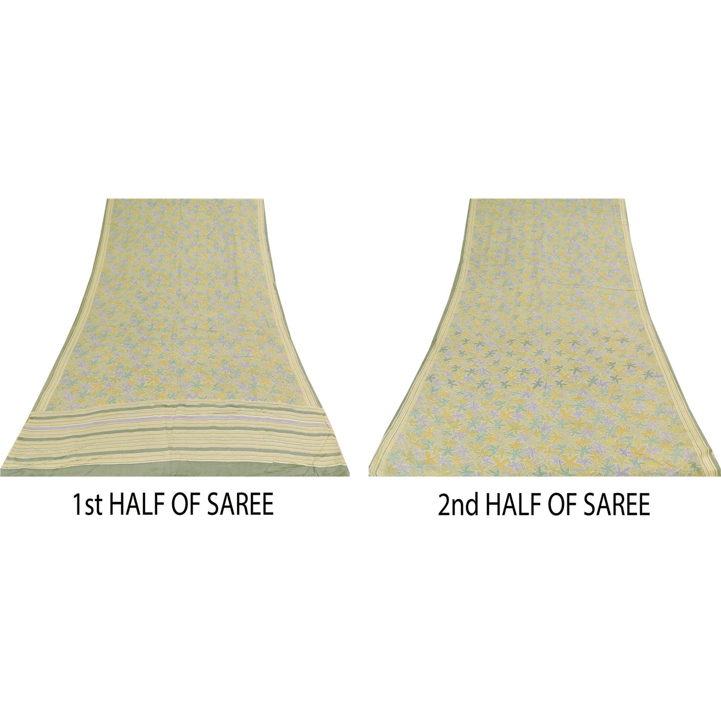 Sanskriti Vintage Sarees Olive Green Pure Crepe Printed Sari 5+yd Craft Sustainable Fabric