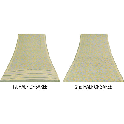 Sanskriti Vintage Sarees Olive Green Pure Crepe Printed Sari 5+yd Craft Sustainable Fabric