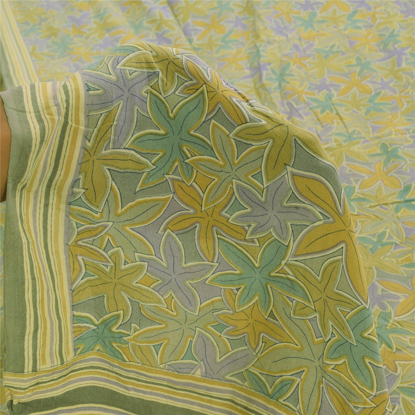 Sanskriti Vintage Sarees Olive Green Pure Crepe Printed Sari 5+yd Craft Sustainable Fabric