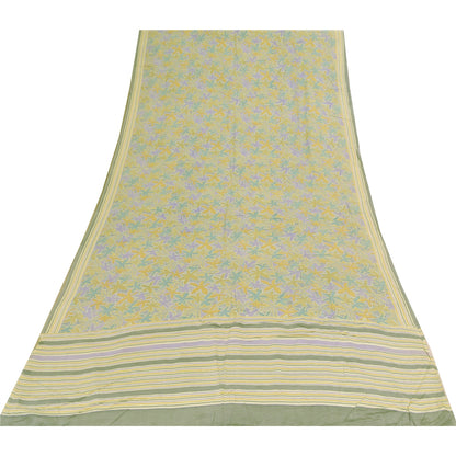 Sanskriti Vintage Sarees Olive Green Pure Crepe Printed Sari 5+yd Craft Sustainable Fabric