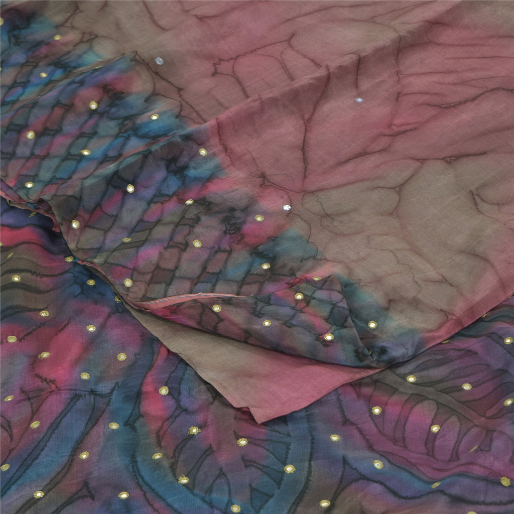 Sanskriti Vintage Sarees Pink/Blue Pure Crepe Embroidered Print Sari 5+yd Sustainable Fabric