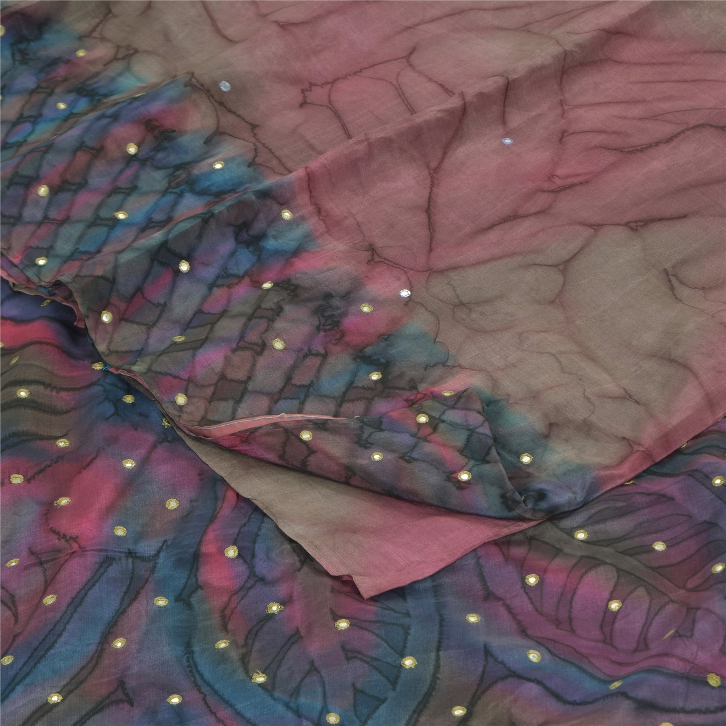 Sanskriti Vintage Sarees Pink/Blue Pure Crepe Embroidered Print Sari 5+yd Sustainable Fabric