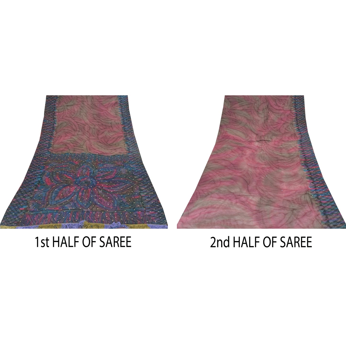 Sanskriti Vintage Sarees Pink/Blue Pure Crepe Embroidered Print Sari 5+yd Sustainable Fabric