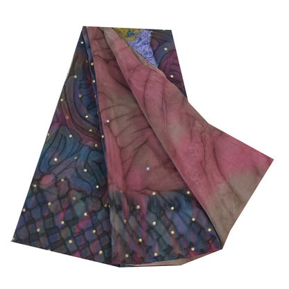 Sanskriti Vintage Sarees Pink/Blue Pure Crepe Embroidered Print Sari 5+yd Sustainable Fabric