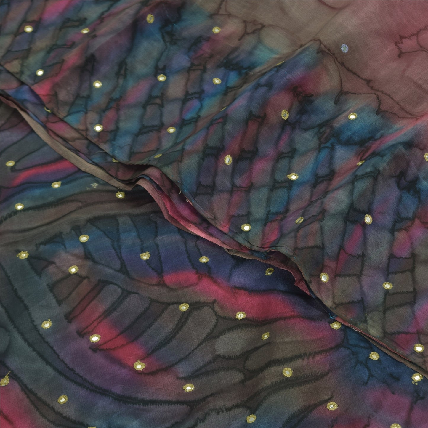 Sanskriti Vintage Sarees Pink/Blue Pure Crepe Embroidered Print Sari 5+yd Sustainable Fabric