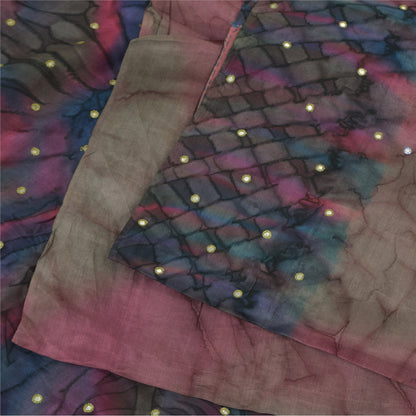 Sanskriti Vintage Sarees Pink/Blue Pure Crepe Embroidered Print Sari 5+yd Sustainable Fabric