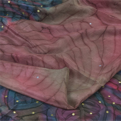 Sanskriti Vintage Sarees Pink/Blue Pure Crepe Embroidered Print Sari 5+yd Sustainable Fabric