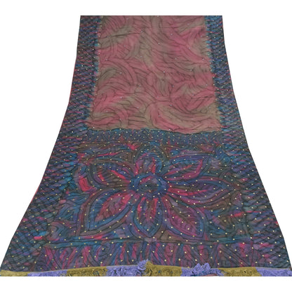 Sanskriti Vintage Sarees Pink/Blue Pure Crepe Embroidered Print Sari 5+yd Sustainable Fabric