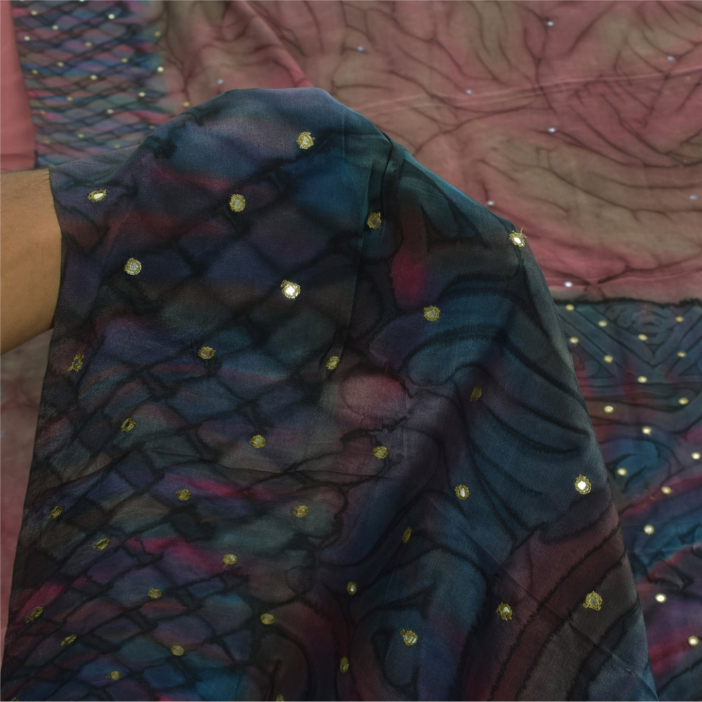 Sanskriti Vintage Sarees Pink/Blue Pure Crepe Embroidered Print Sari 5+yd Sustainable Fabric