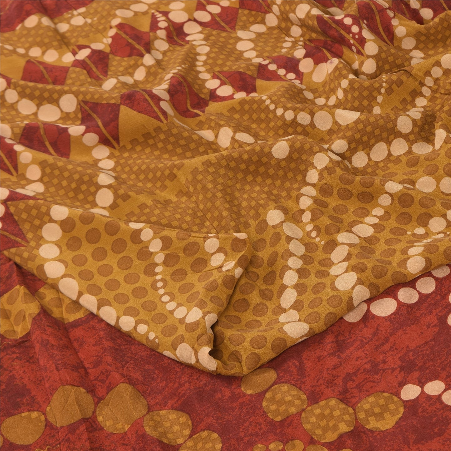 Sanskriti Vintage Sarees Saffron Pure Crepe Silk Printed Sari 5+yd Craft Fabric