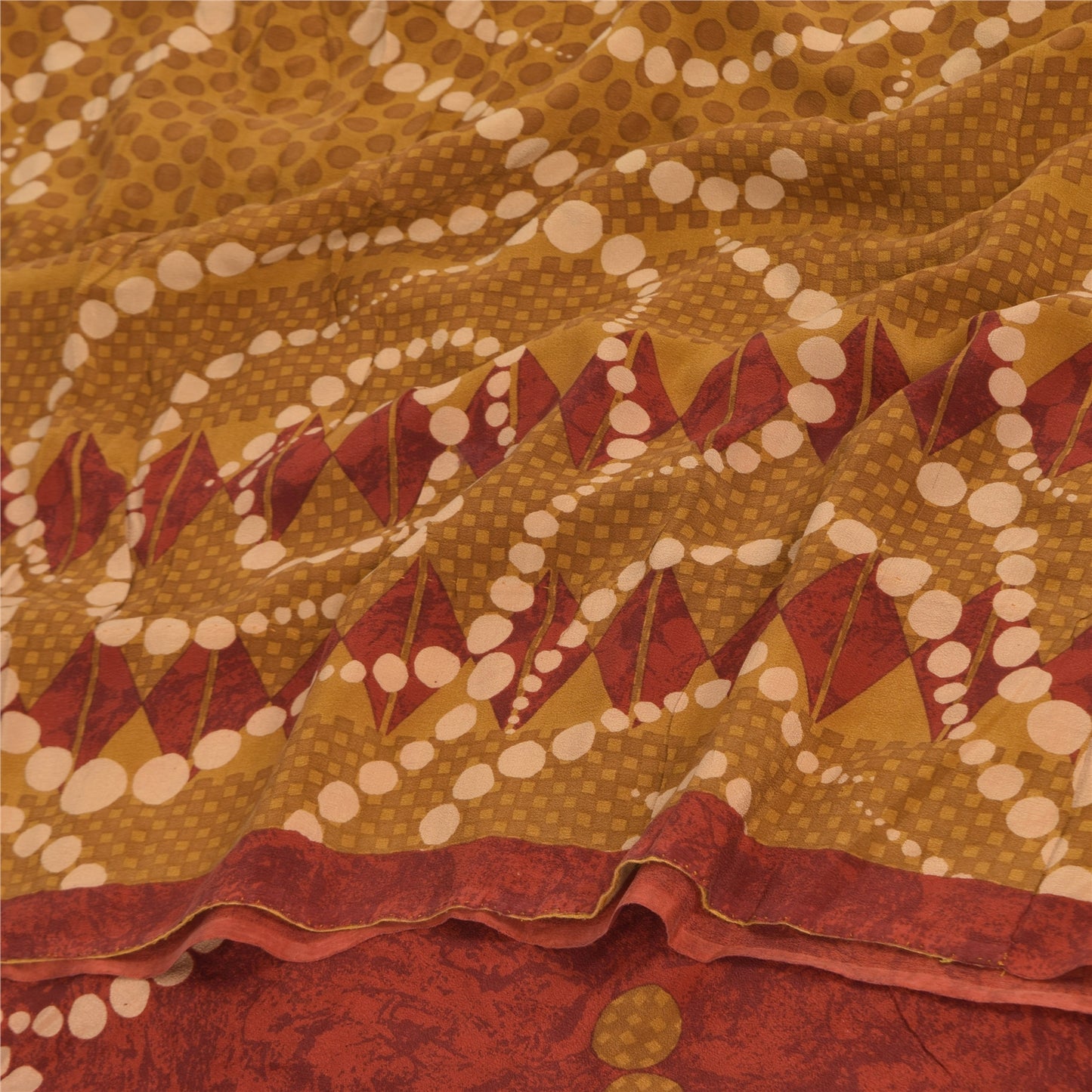 Sanskriti Vintage Sarees Saffron Pure Crepe Silk Printed Sari 5+yd Craft Fabric