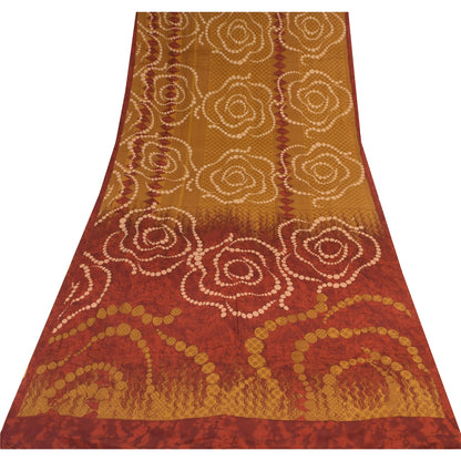 Sanskriti Vintage Sarees Saffron Pure Crepe Silk Printed Sari 5+yd Craft Fabric