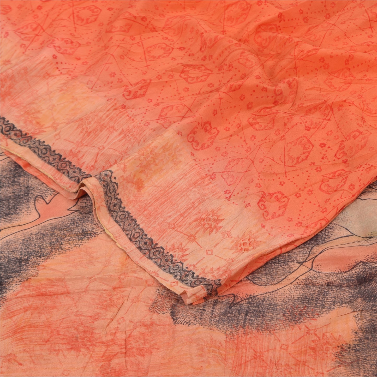 Sanskriti Vintage Sarees Peach/Red Pure Crepe Silk Print Sari 5+yd Craft Sustainable Fabric