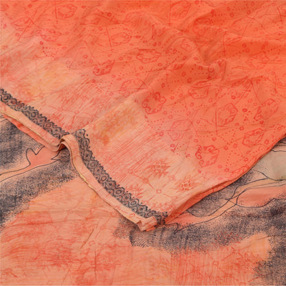 Sanskriti Vintage Sarees Peach/Red Pure Crepe Silk Print Sari 5+yd Craft Sustainable Fabric