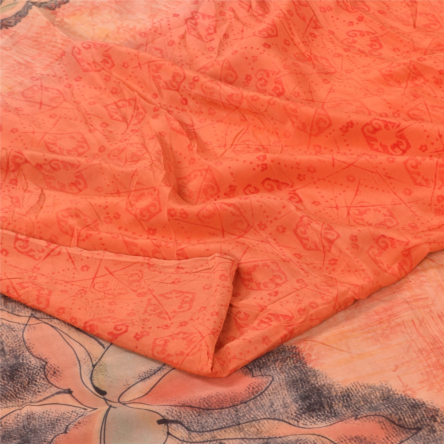 Sanskriti Vintage Sarees Peach/Red Pure Crepe Silk Print Sari 5+yd Craft Sustainable Fabric