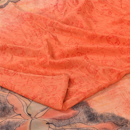Sanskriti Vintage Sarees Peach/Red Pure Crepe Silk Print Sari 5+yd Craft Sustainable Fabric