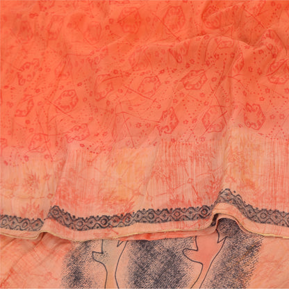 Sanskriti Vintage Sarees Peach/Red Pure Crepe Silk Print Sari 5+yd Craft Sustainable Fabric