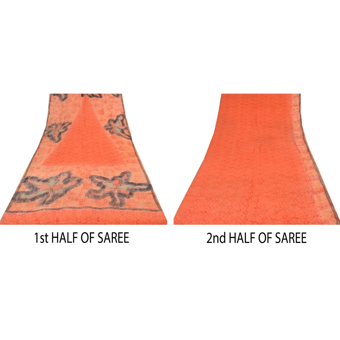 Sanskriti Vintage Sarees Peach/Red Pure Crepe Silk Print Sari 5+yd Craft Sustainable Fabric