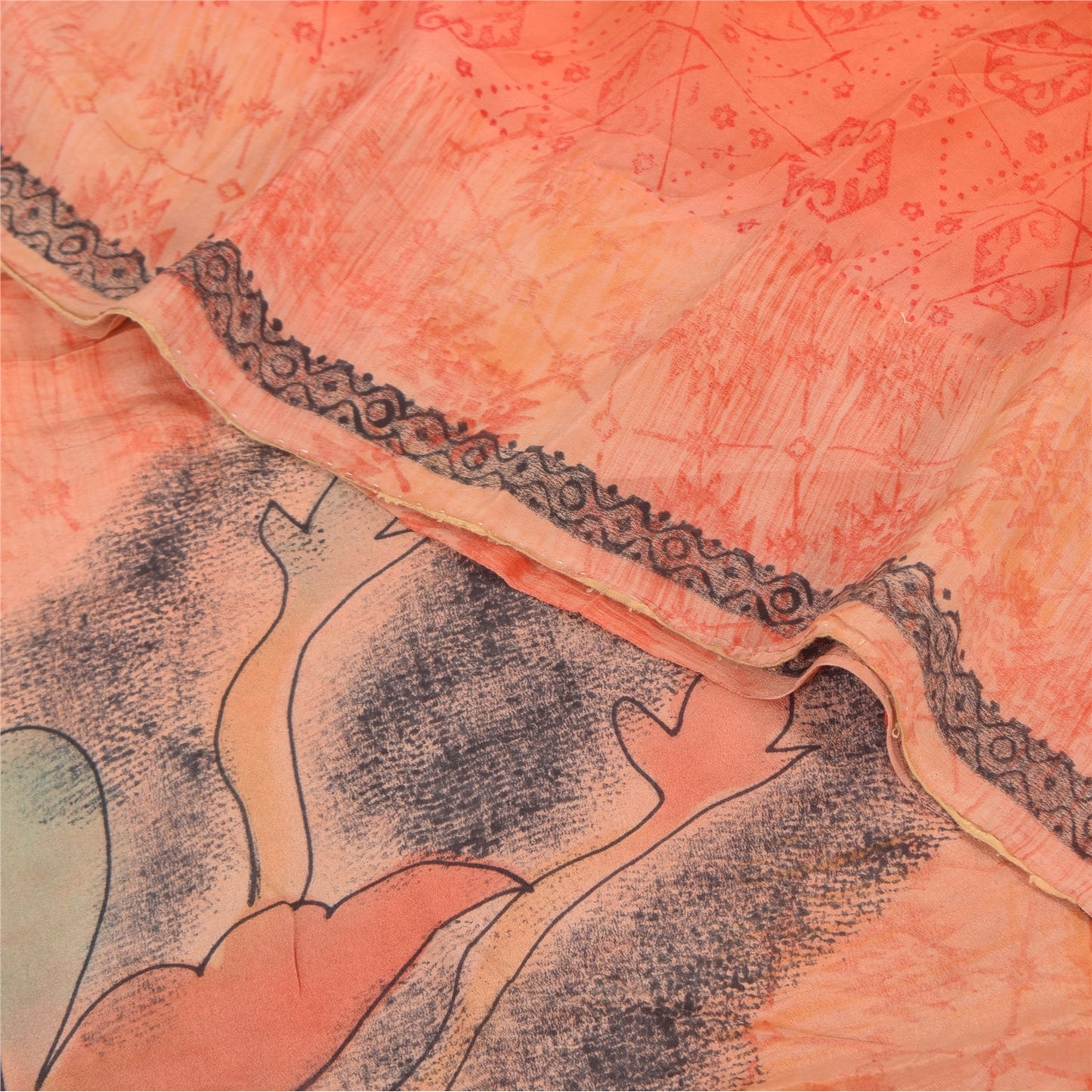 Sanskriti Vintage Sarees Peach/Red Pure Crepe Silk Print Sari 5+yd Craft Sustainable Fabric