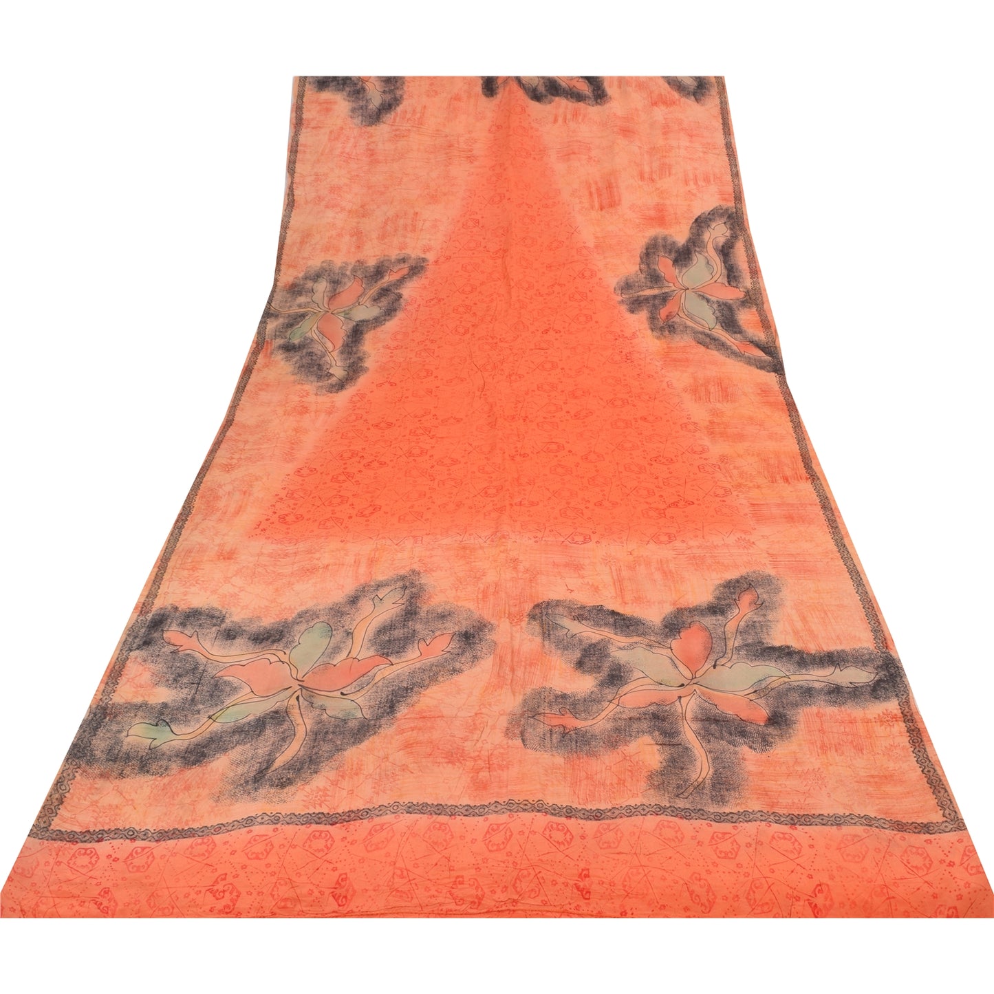 Sanskriti Vintage Sarees Peach/Red Pure Crepe Silk Print Sari 5+yd Craft Sustainable Fabric