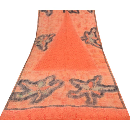 Sanskriti Vintage Sarees Peach/Red Pure Crepe Silk Print Sari 5+yd Craft Sustainable Fabric