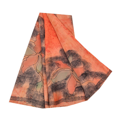 Sanskriti Vintage Sarees Peach/Red Pure Crepe Silk Print Sari 5+yd Craft Sustainable Fabric