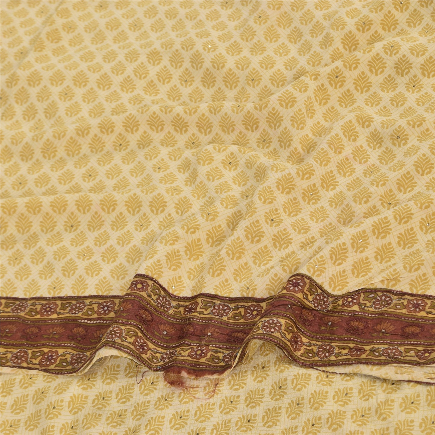 Sanskriti Vintage Sarees Lemon Pure Crepe Mukesh Work Printed Sari 5+yd Sustainable Fabric