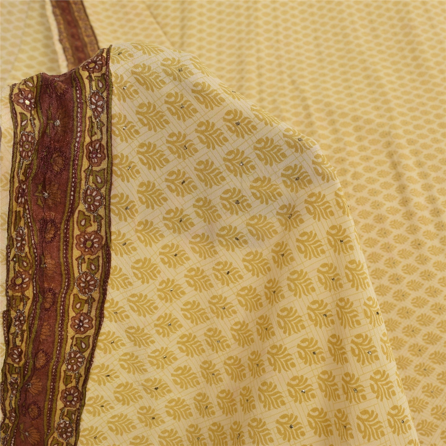 Sanskriti Vintage Sarees Lemon Pure Crepe Mukesh Work Printed Sari 5+yd Sustainable Fabric