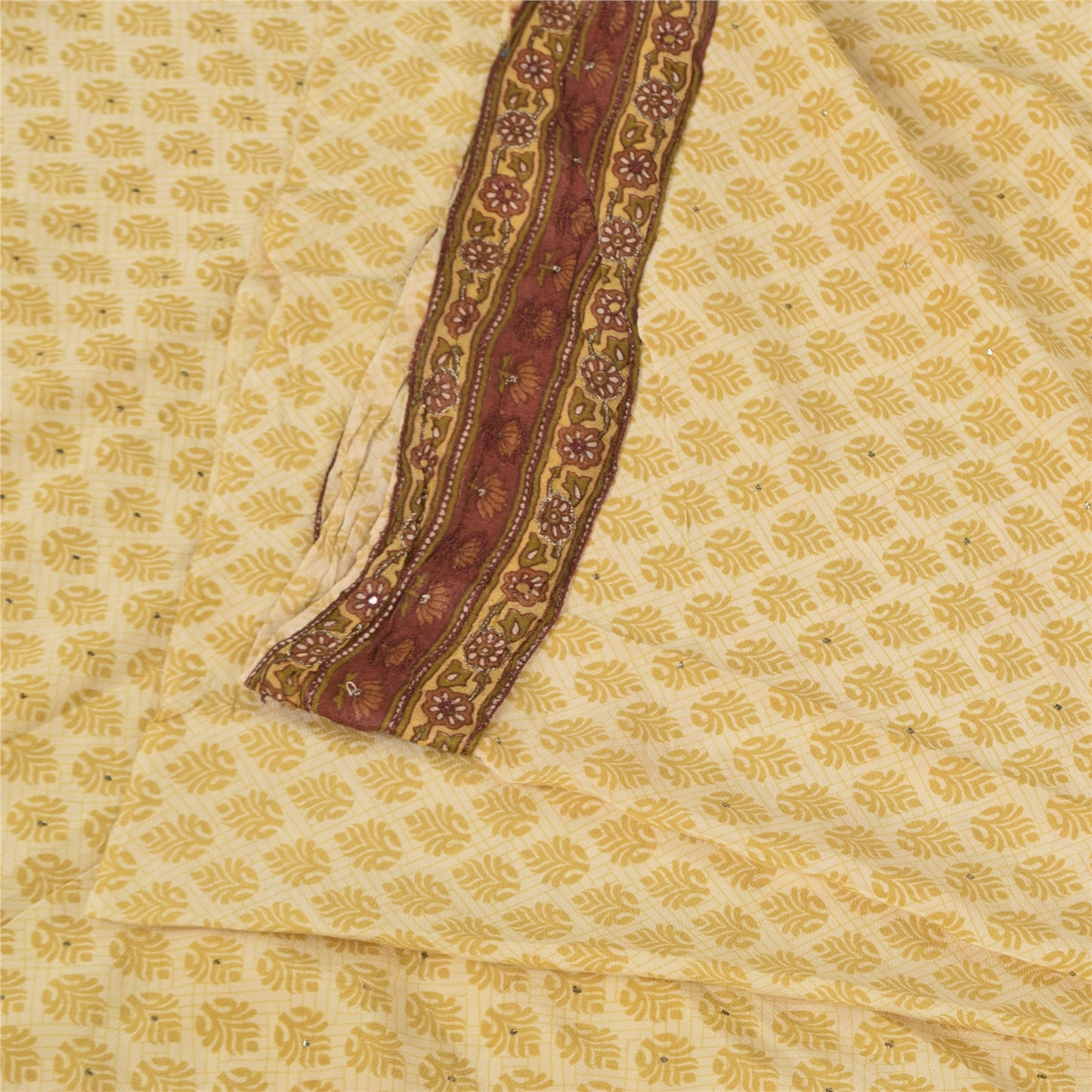 Sanskriti Vintage Sarees Lemon Pure Crepe Mukesh Work Printed Sari 5+yd Sustainable Fabric