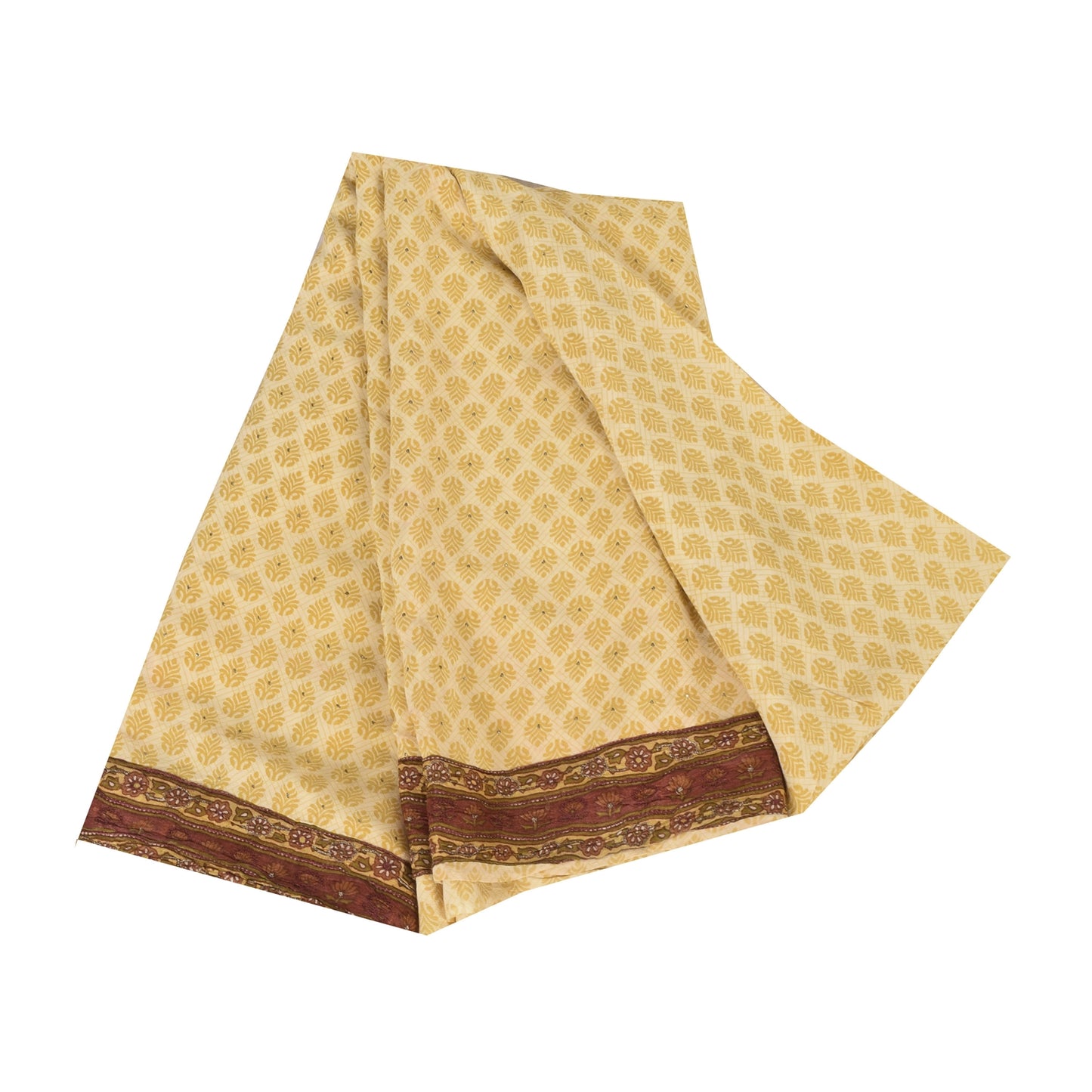 Sanskriti Vintage Sarees Lemon Pure Crepe Mukesh Work Printed Sari 5+yd Sustainable Fabric