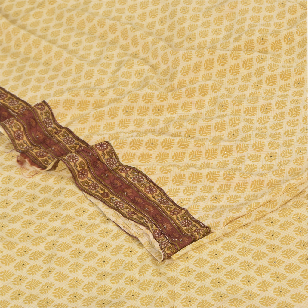 Sanskriti Vintage Sarees Lemon Pure Crepe Mukesh Work Printed Sari 5+yd Sustainable Fabric