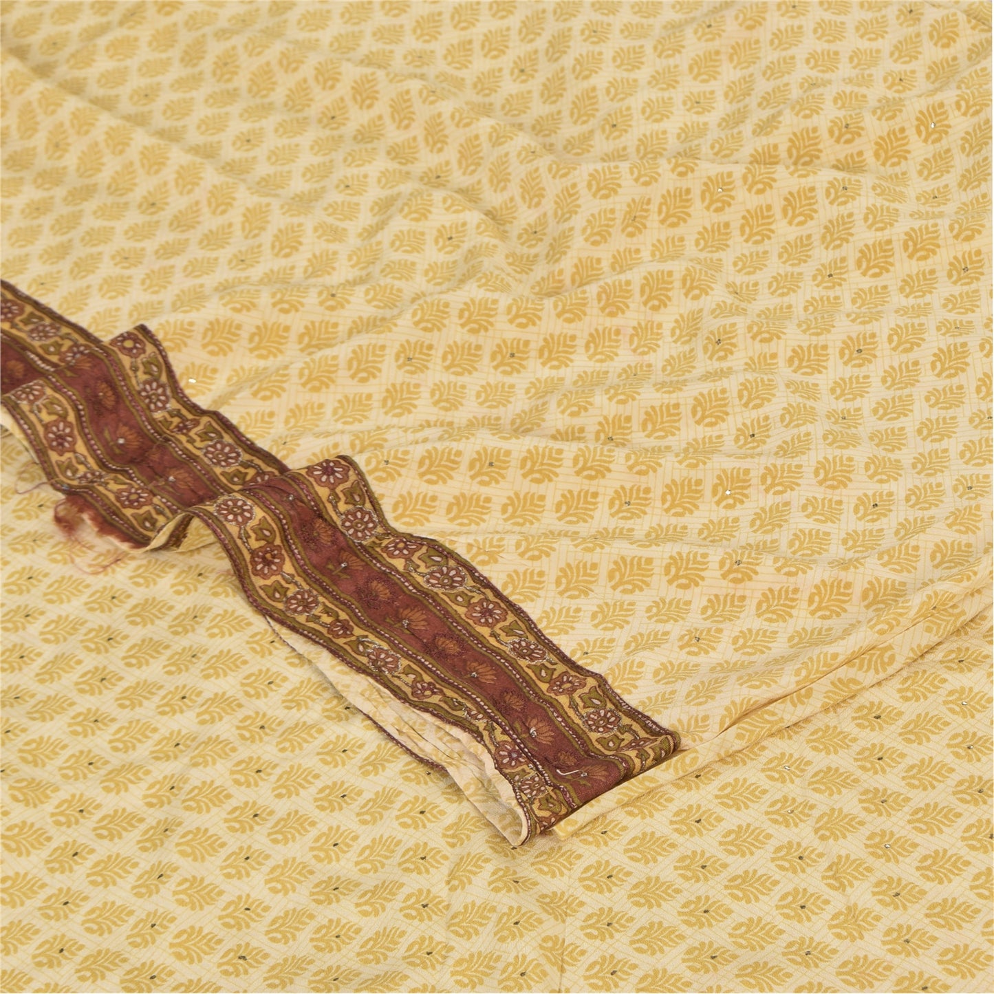 Sanskriti Vintage Sarees Lemon Pure Crepe Mukesh Work Printed Sari 5+yd Sustainable Fabric