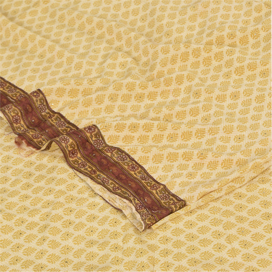 Sanskriti Vintage Sarees Lemon Pure Crepe Mukesh Work Printed Sari 5+yd Sustainable Fabric
