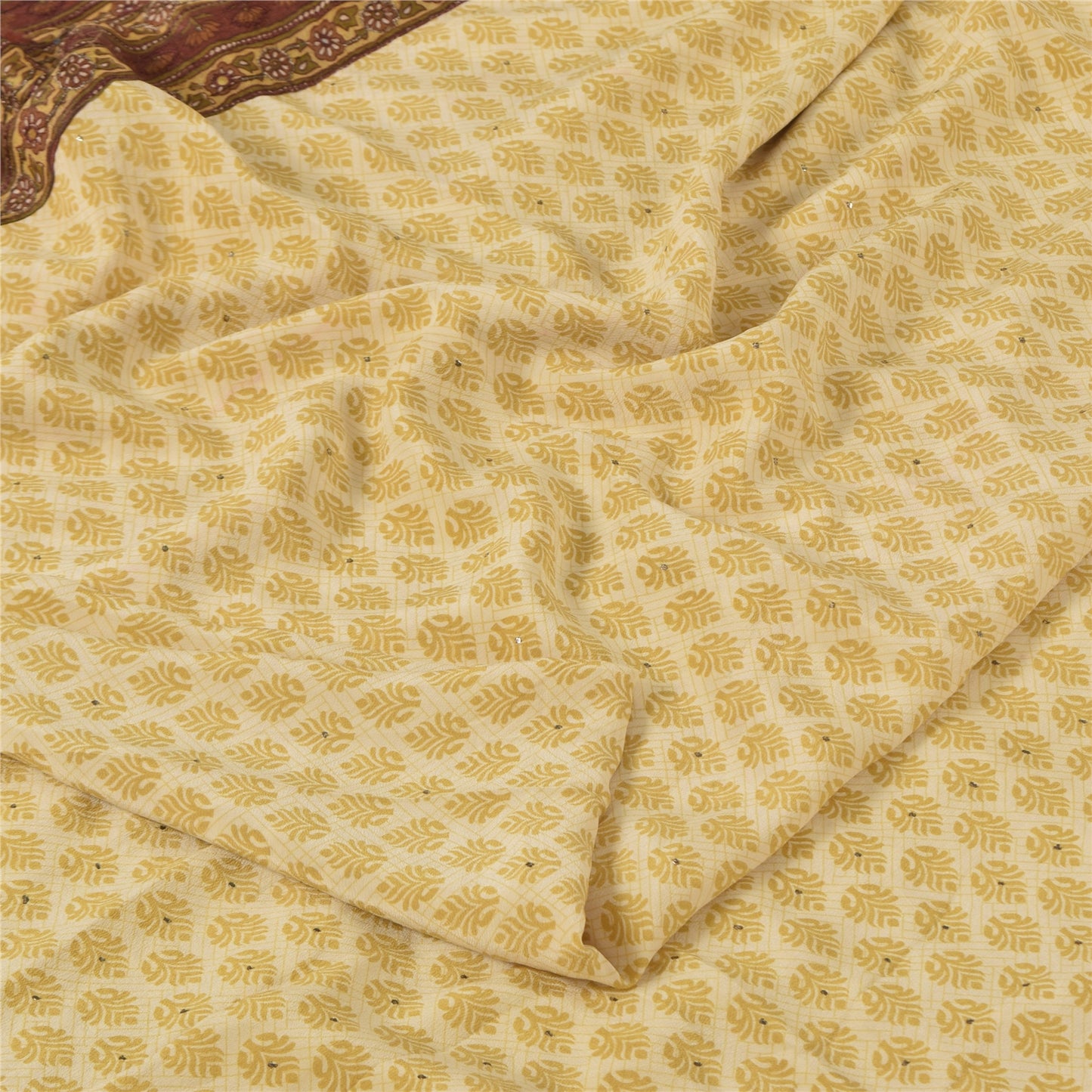 Sanskriti Vintage Sarees Lemon Pure Crepe Mukesh Work Printed Sari 5+yd Sustainable Fabric