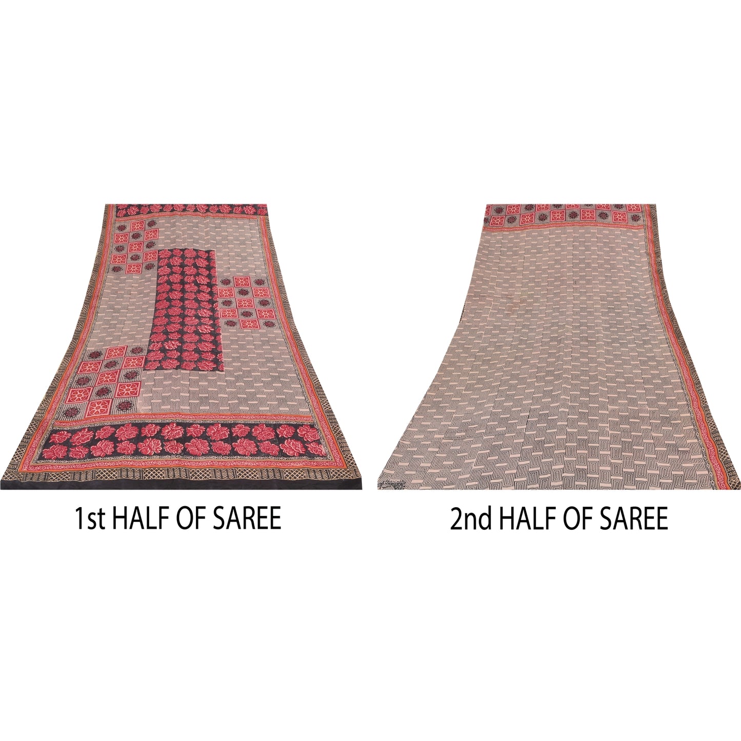 Sanskriti Vintage Sarees Red/Black Pure Crepe Silk Print Sari 6+yd Craft Sustainable Fabric