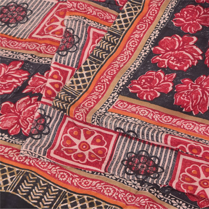 Sanskriti Vintage Sarees Red/Black Pure Crepe Silk Print Sari 6+yd Craft Sustainable Fabric