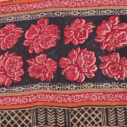Sanskriti Vintage Sarees Red/Black Pure Crepe Silk Print Sari 6+yd Craft Sustainable Fabric