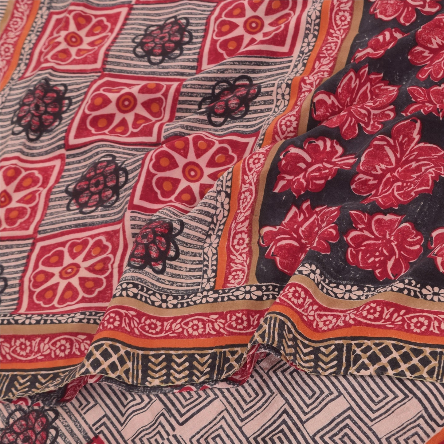 Sanskriti Vintage Sarees Red/Black Pure Crepe Silk Print Sari 6+yd Craft Sustainable Fabric