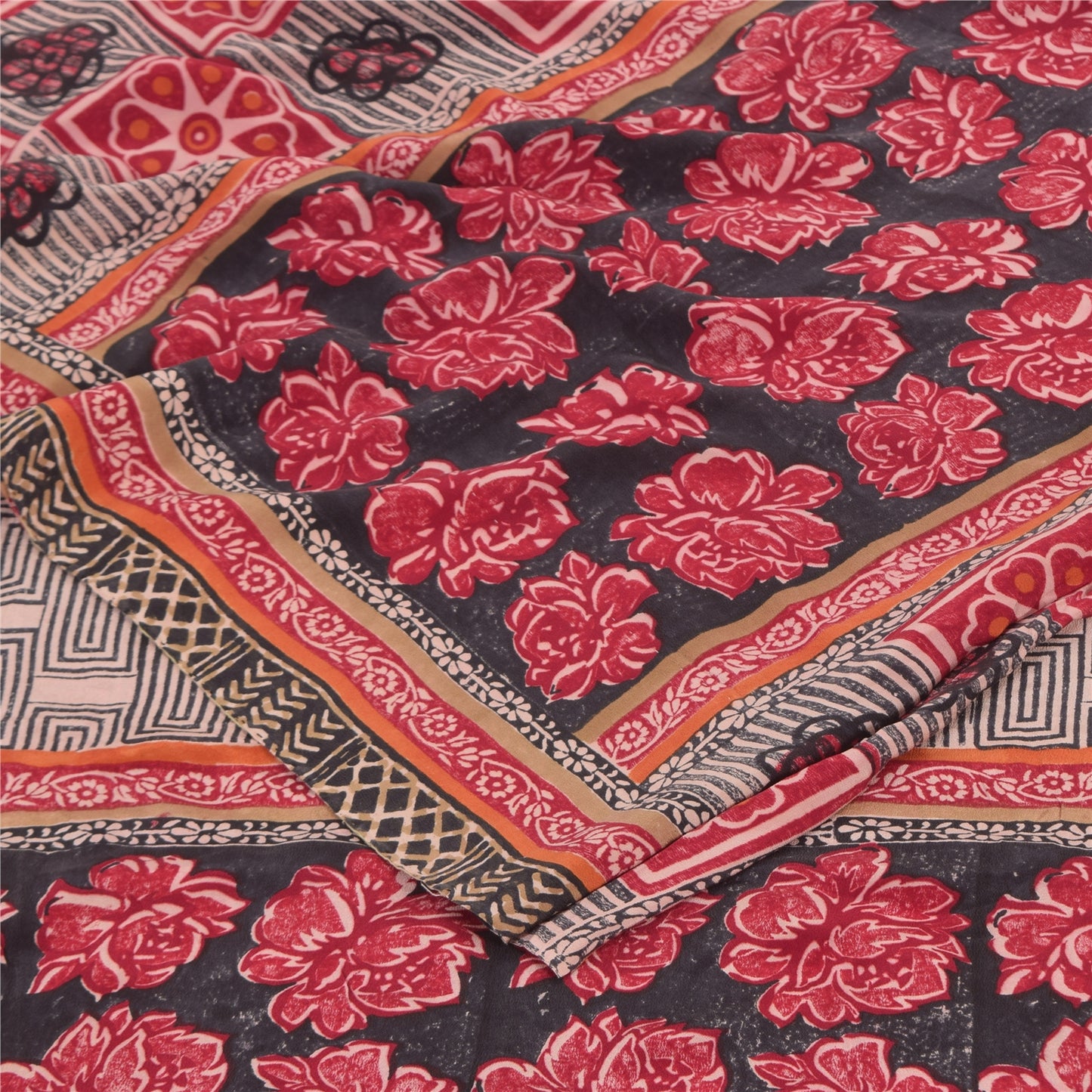 Sanskriti Vintage Sarees Red/Black Pure Crepe Silk Print Sari 6+yd Craft Sustainable Fabric