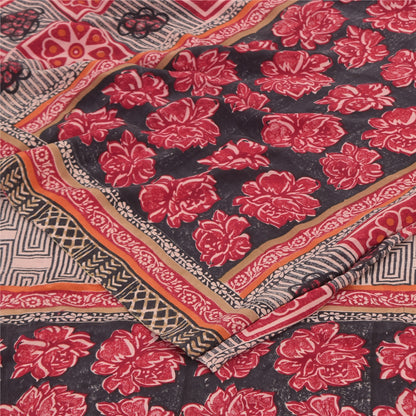 Sanskriti Vintage Sarees Red/Black Pure Crepe Silk Print Sari 6+yd Craft Sustainable Fabric