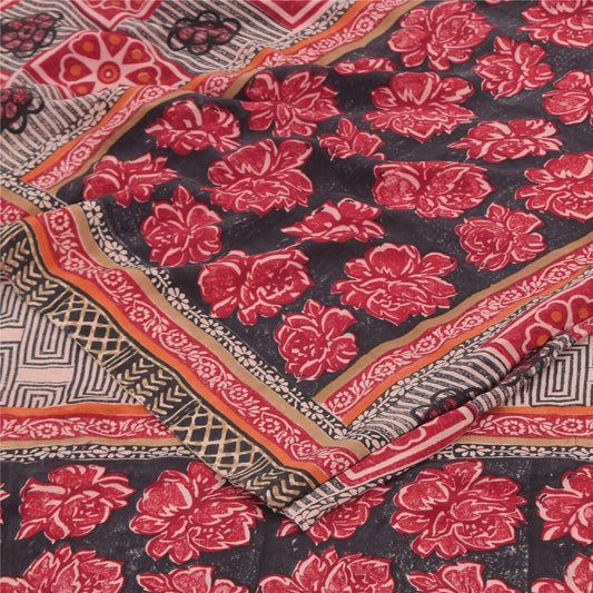 Sanskriti Vintage Sarier Rød/Sort Ren Crepe Silke Print Sari 6+ yards Håndværk Bæredygtigt Stoff