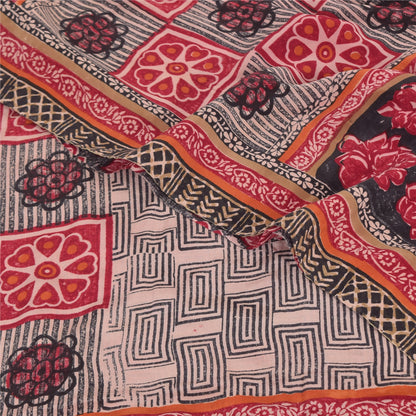 Sanskriti Vintage Sarees Red/Black Pure Crepe Silk Print Sari 6+yd Craft Sustainable Fabric