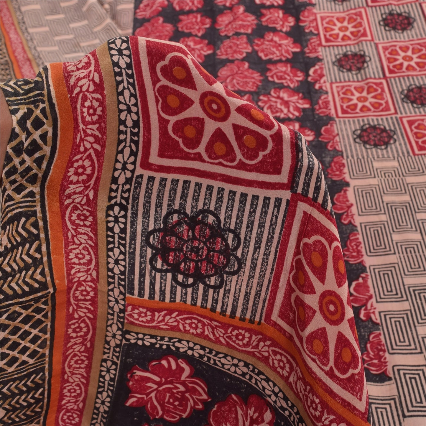 Sanskriti Vintage Sarees Red/Black Pure Crepe Silk Print Sari 6+yd Craft Sustainable Fabric