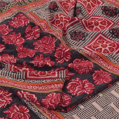 Sanskriti Vintage Sarees Red/Black Pure Crepe Silk Print Sari 6+yd Craft Sustainable Fabric
