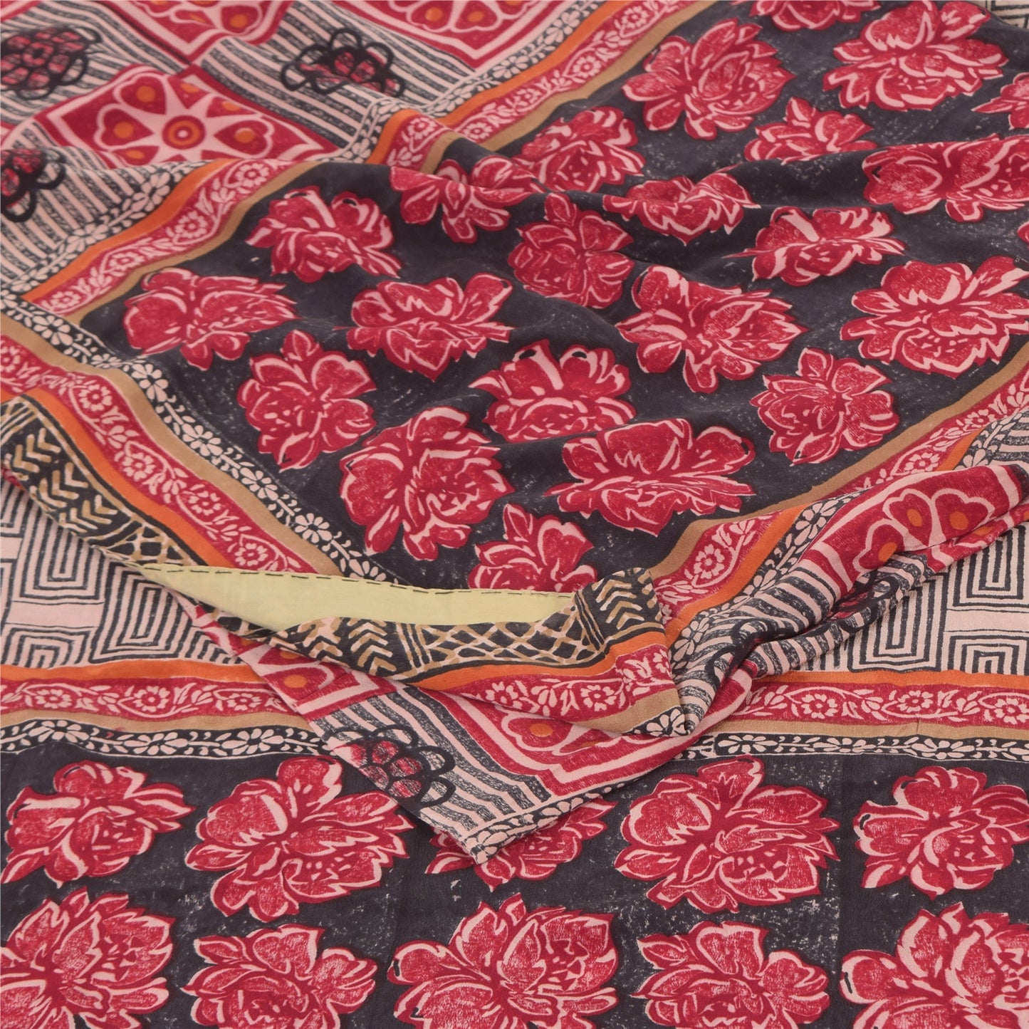 Sanskriti Vintage Sarees Red/Black Pure Crepe Silk Print Sari 6+yd Craft Sustainable Fabric