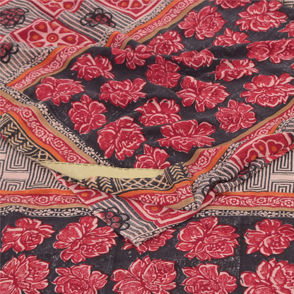 Sanskriti Vintage Sarees Red/Black Pure Crepe Silk Print Sari 6+yd Craft Sustainable Fabric