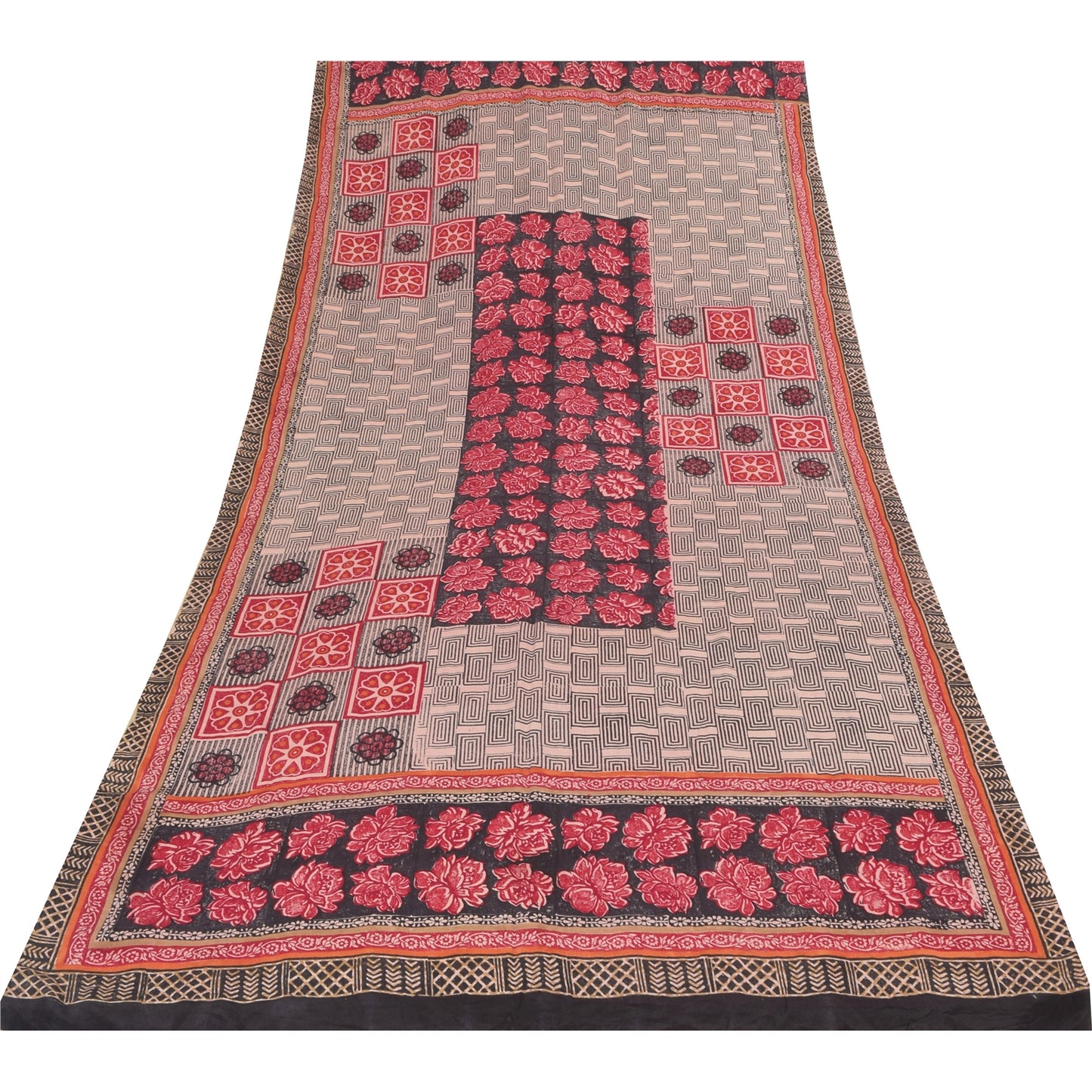Sanskriti Vintage Sarees Red/Black Pure Crepe Silk Print Sari 6+yd Craft Sustainable Fabric
