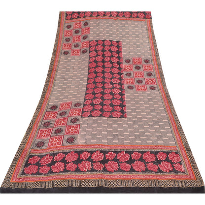 Sanskriti Vintage Sarees Red/Black Pure Crepe Silk Print Sari 6+yd Craft Sustainable Fabric