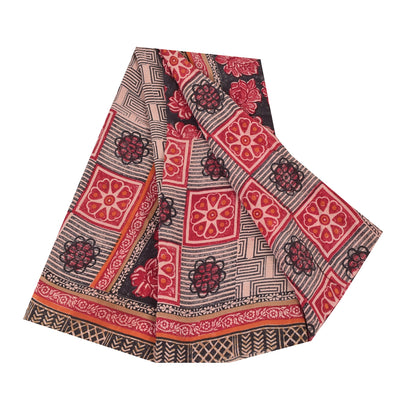 Sanskriti Vintage Sarees Red/Black Pure Crepe Silk Print Sari 6+yd Craft Sustainable Fabric